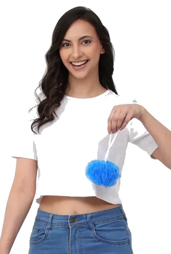Smiling presenter holding a loofah beside BinWin bins